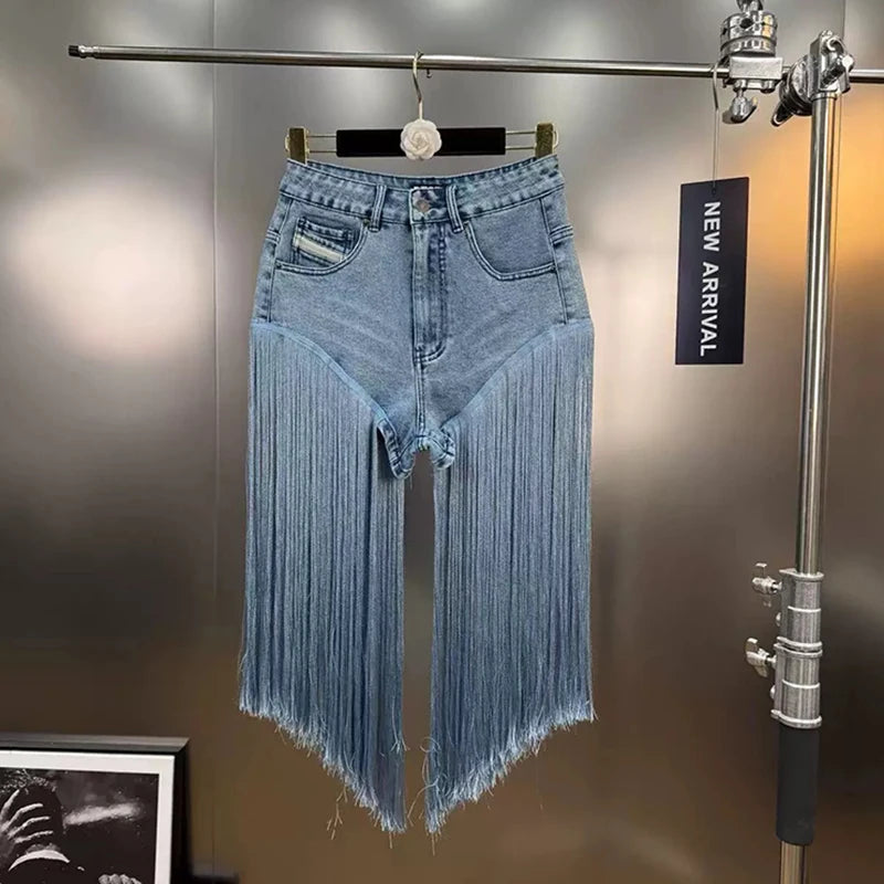 High Waist Tassel Patchwork Denim Shorts For Women Casual
