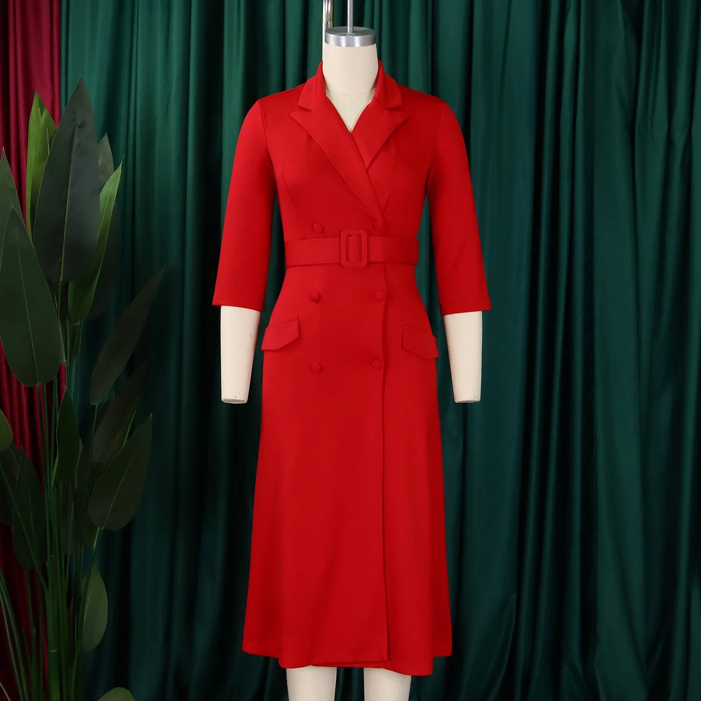 Notched Neck Elegant Midi Dress With Belt For Work Party