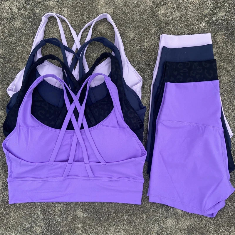 Women Yoga Set Cross Back Bra Top High Waist Shorts