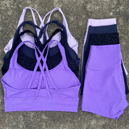 Women Yoga Set Cross Back Bra Top High Waist Shorts