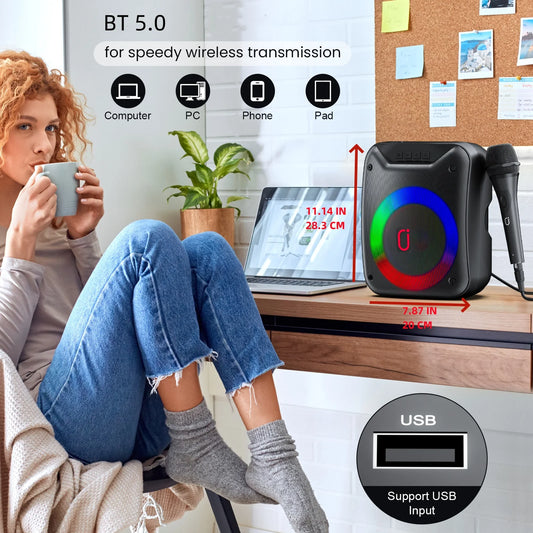 FanFun Karaoke Machine Portable Bluetooth Speaker with Microphone and LED Light