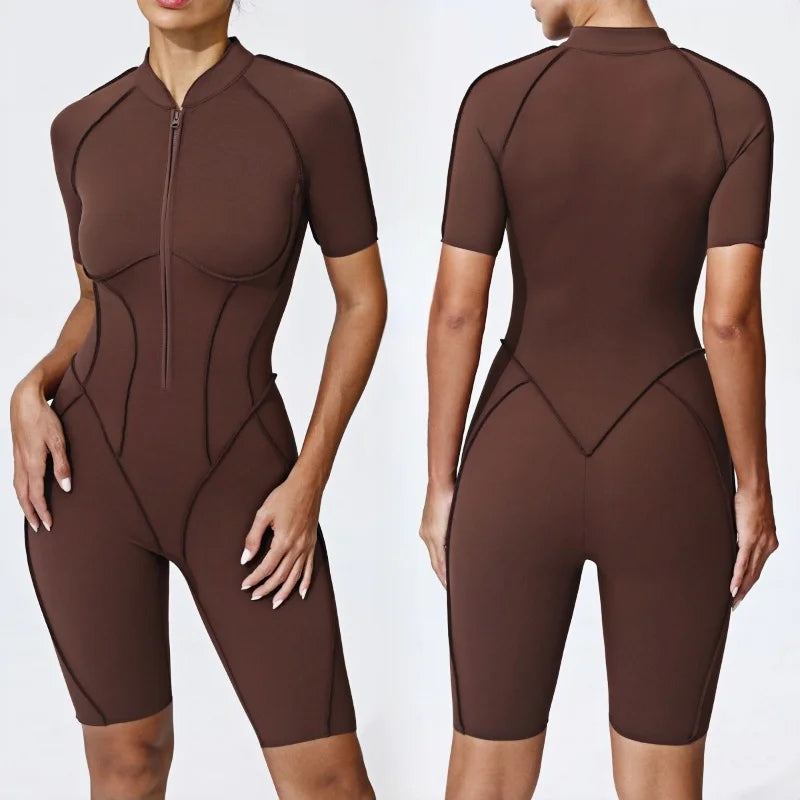 Zipper Short Sleeve Fitness Jumpsuit for Women Gym Workouts