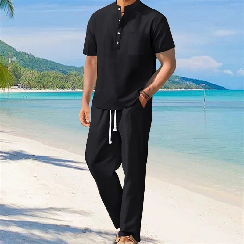 Mens Casual Henley Set With Drawstring Pants Outfit