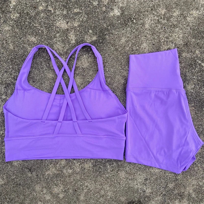 Women Yoga Set Cross Back Bra Top High Waist Shorts