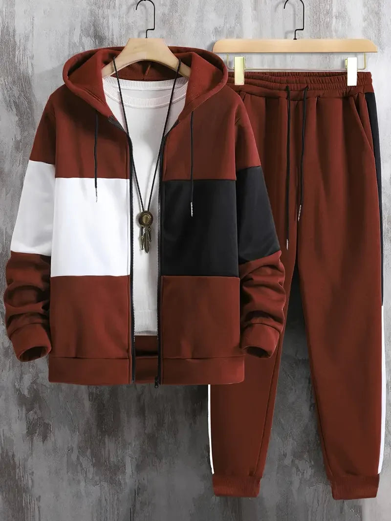 Men's Contrast Color Hooded Jacket and Drawstring Pants Set